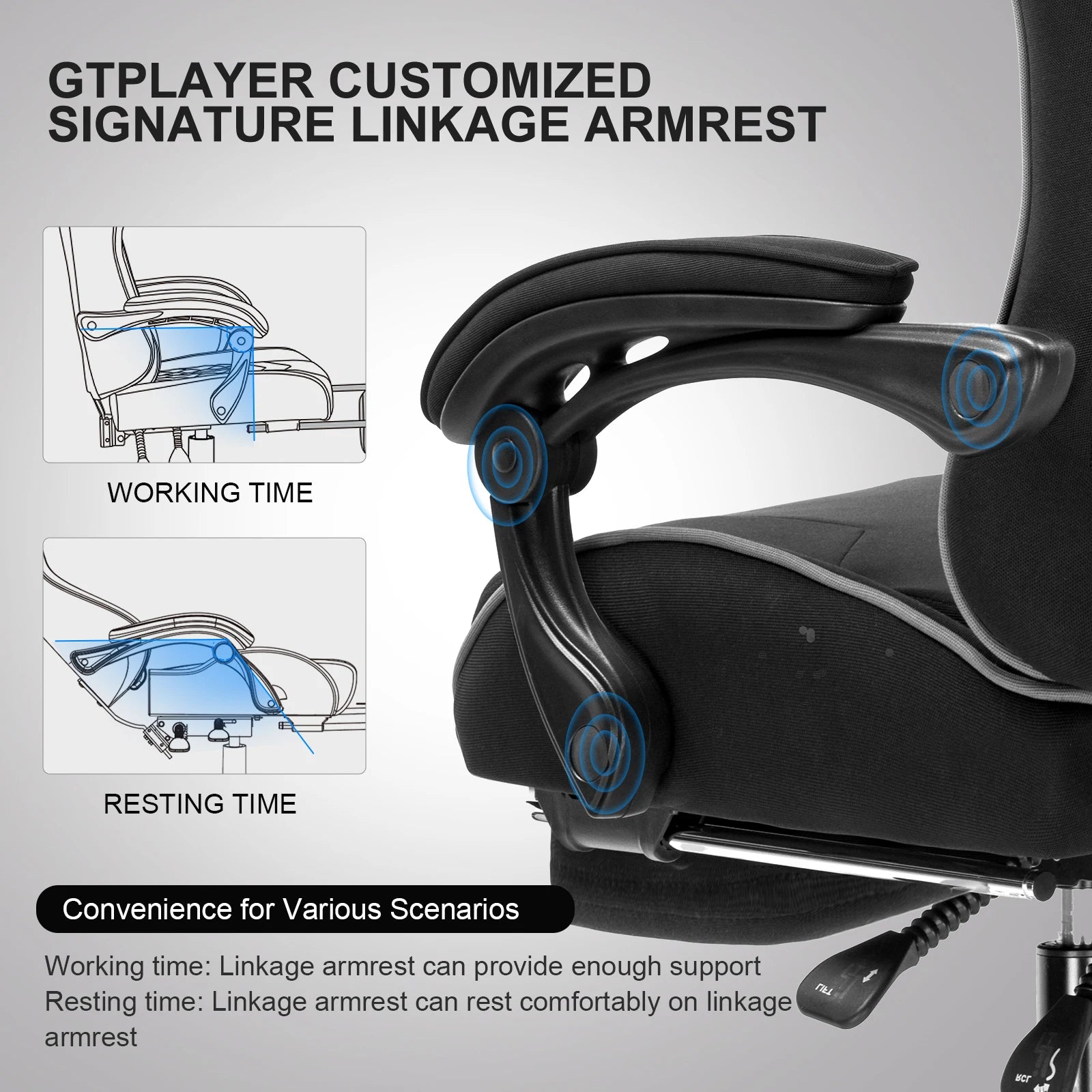 GTPLAYER Gaming Chair with Footrest, Lumbar Support, Adjustable Height, Swivel, Headrest for Office/Gaming