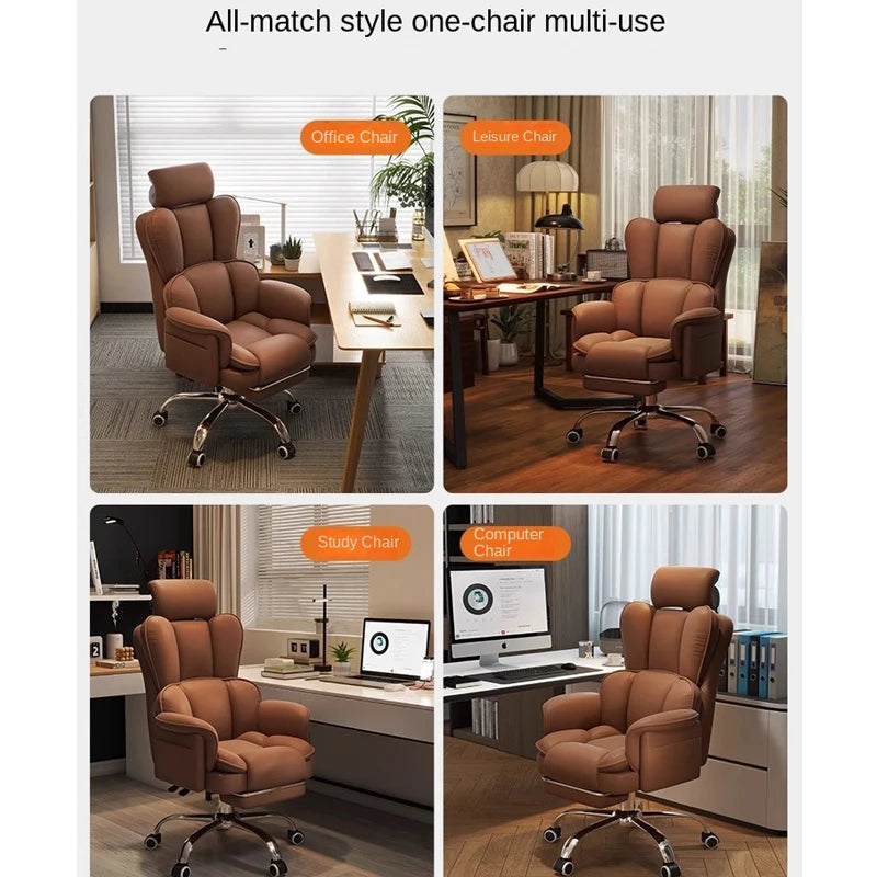 PU Leather Office Chair Ergonomic With Footrest — Caramel Brown | KIMLUD