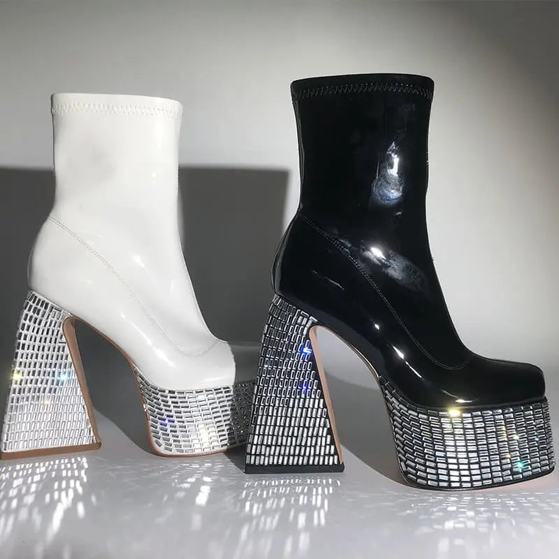 Onlymaker Woman Platform Rhinestone Ankle Boots Square Toe Chunky Booties Thick High Heels Side Zip Mixed Colors Punk Boots