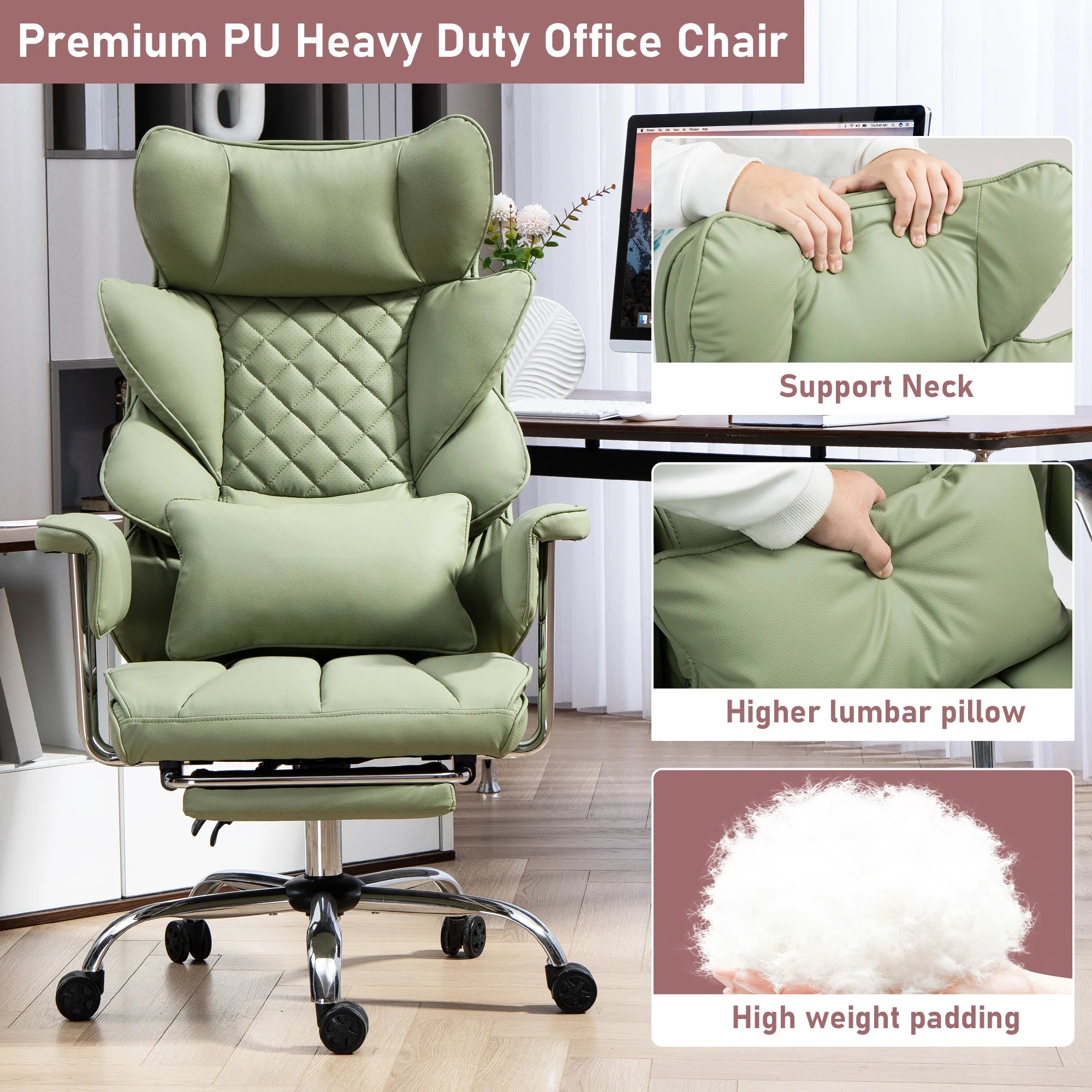 Real Leather Executive Chair Height Adjustable Swivel With Footrest — Green | KIMLUD