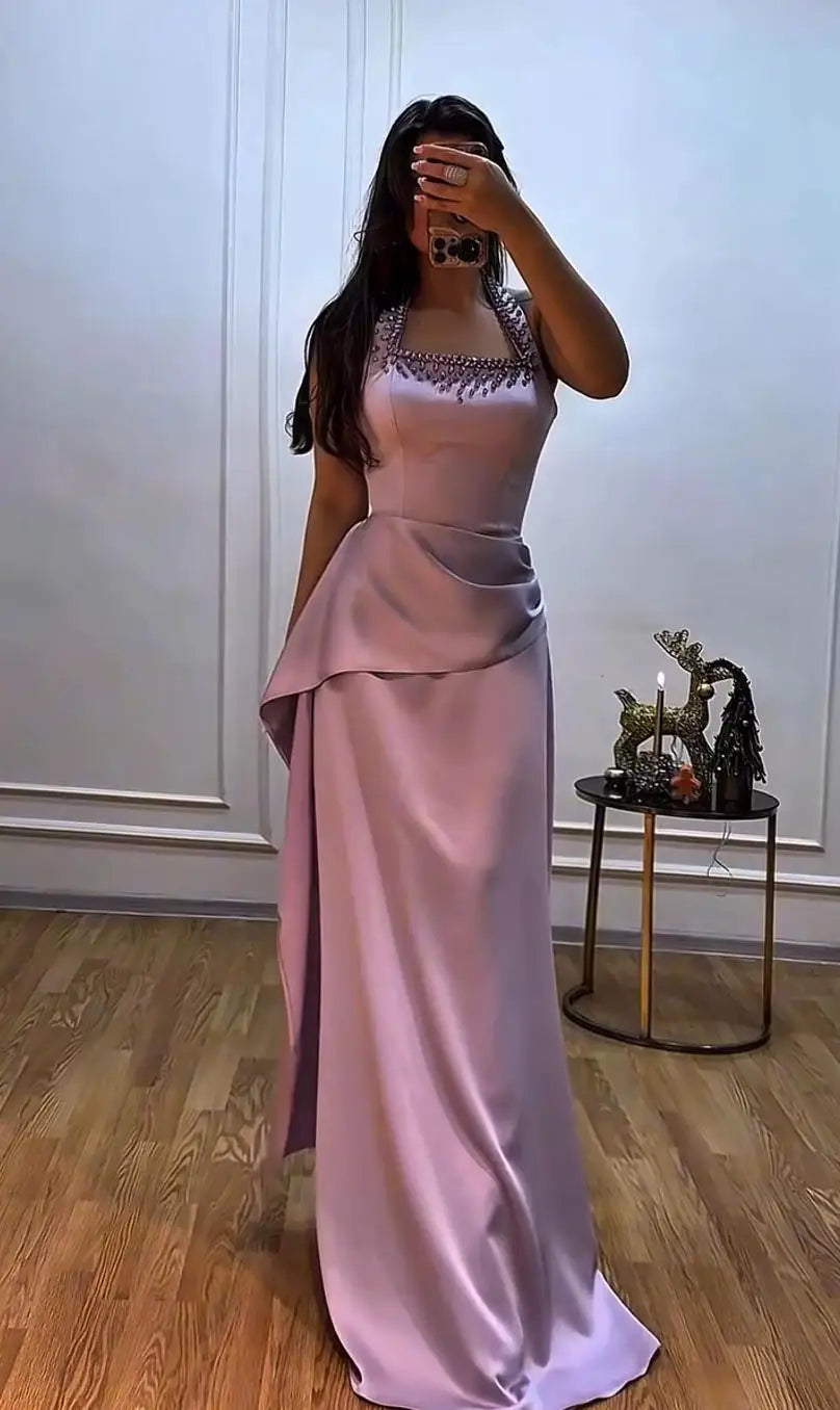 Halter Evening Dress – Rhinestone Beaded – Satin – Purple | KIMLUD