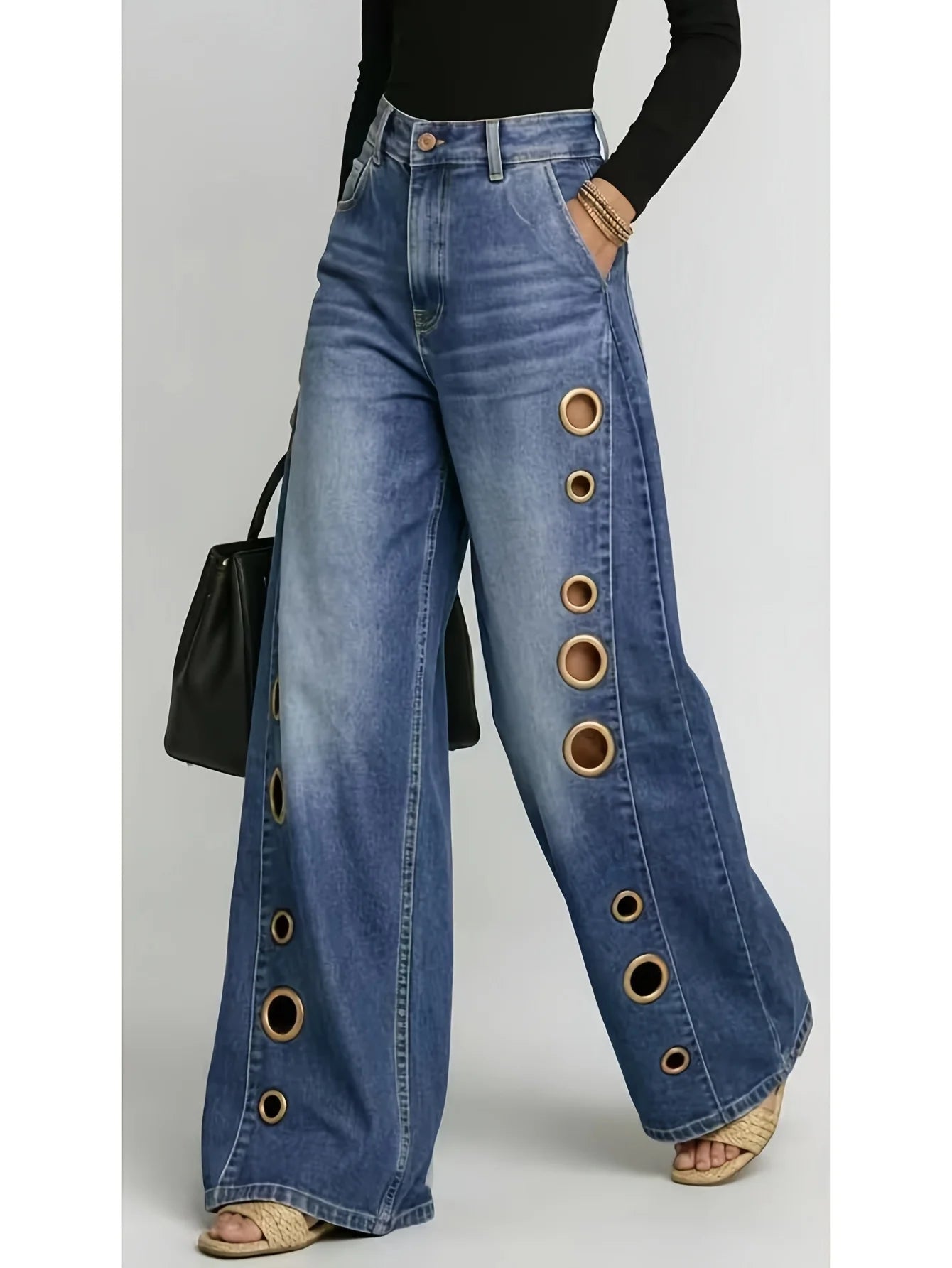 Jeans – Retro-Style Wide-Leg with Metallic Eyelets – Denim | KIMLUD