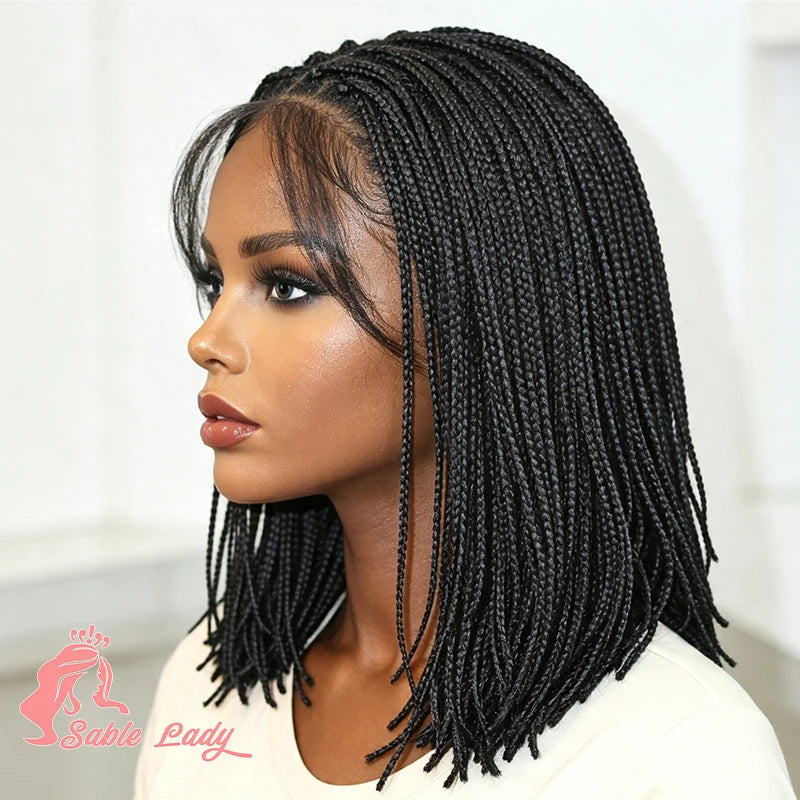 Lace Front Wig – 12 Inch Short Braided – Shoulder Length Bob – Black | KIMLUD