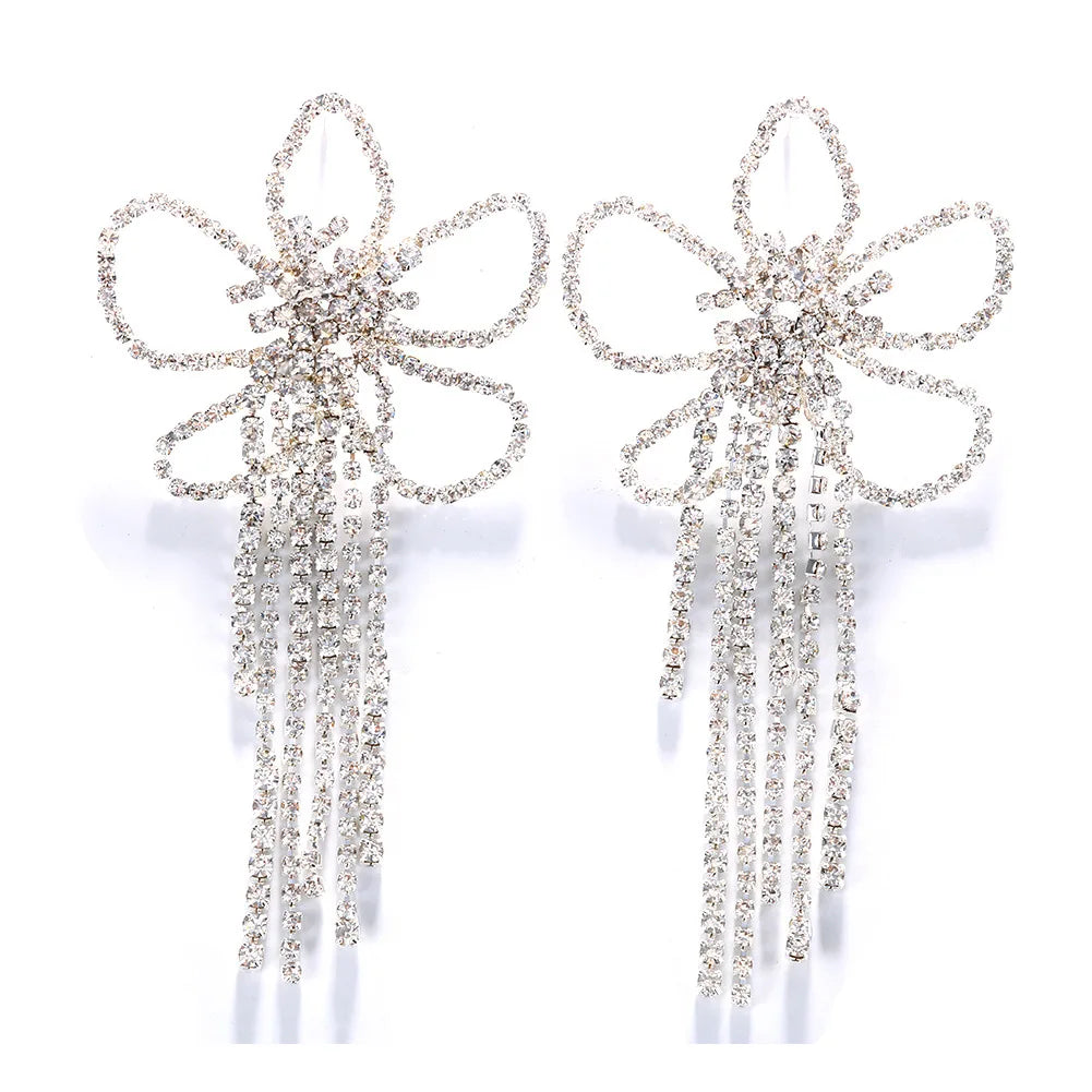 Statement Earrings Rhinestone Flower Design Long Tassel — Multicolor | KIMLUD