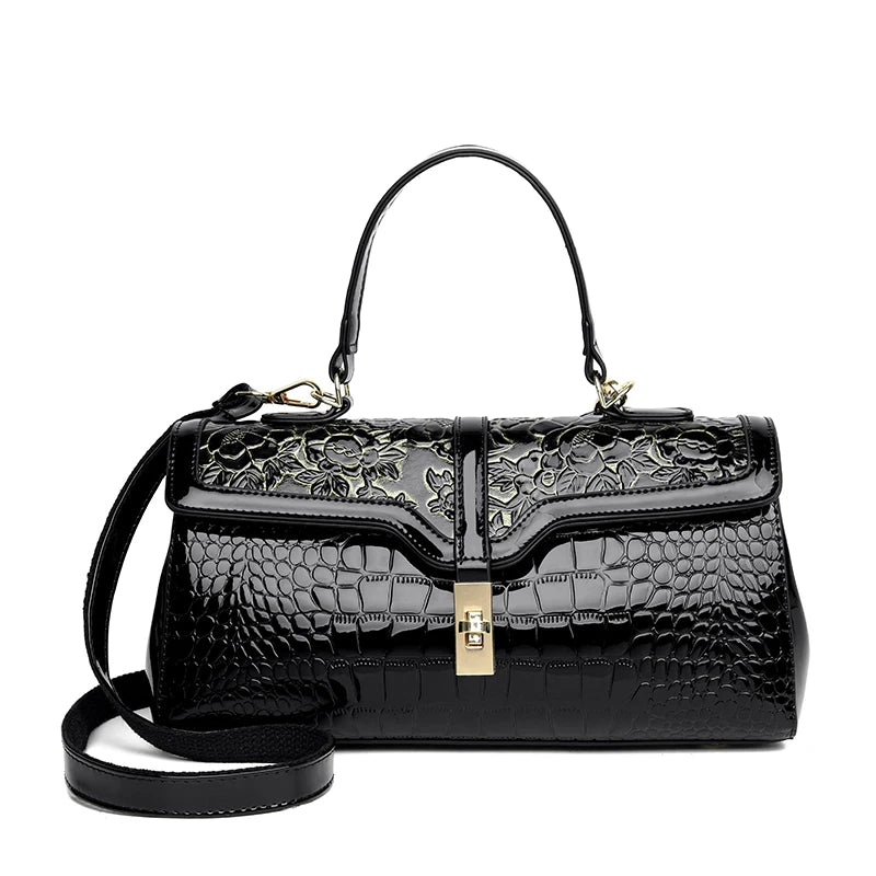 PU Crocodile Pattern Luxury Satchel Bag — Black | KIMLUD