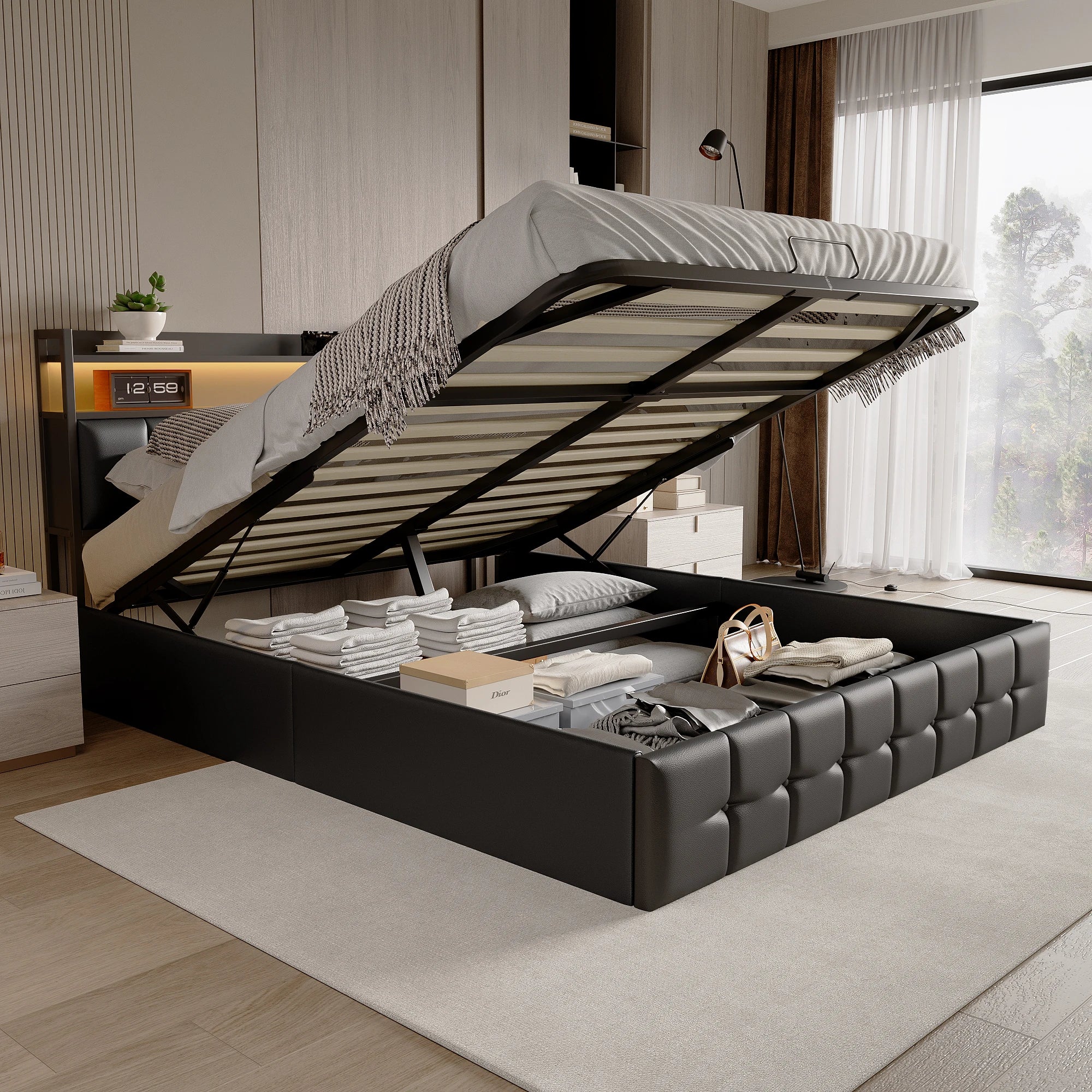 Rosahqnda cushion bed Padded Hydraulic bed frame Grey Pu Linen Headboard Linen Fabric Without Mattress