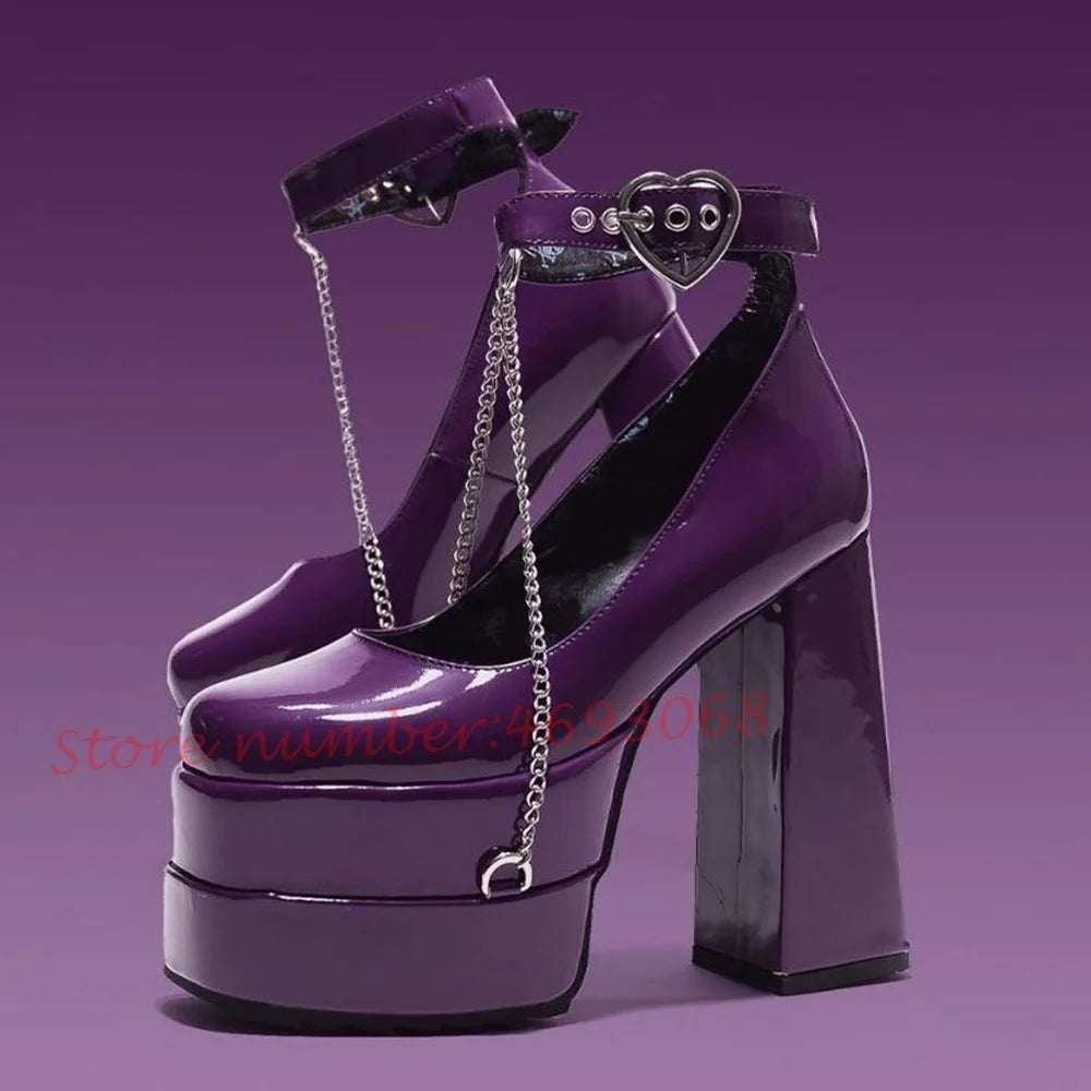 Heart Buckle Microfiber Sandals Platform Chunky Heels — Deep Purple | KIMLUD