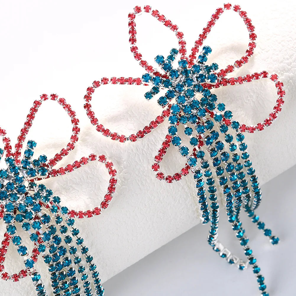 Statement Earrings Rhinestone Flower Design Long Tassel — Multicolor | KIMLUD