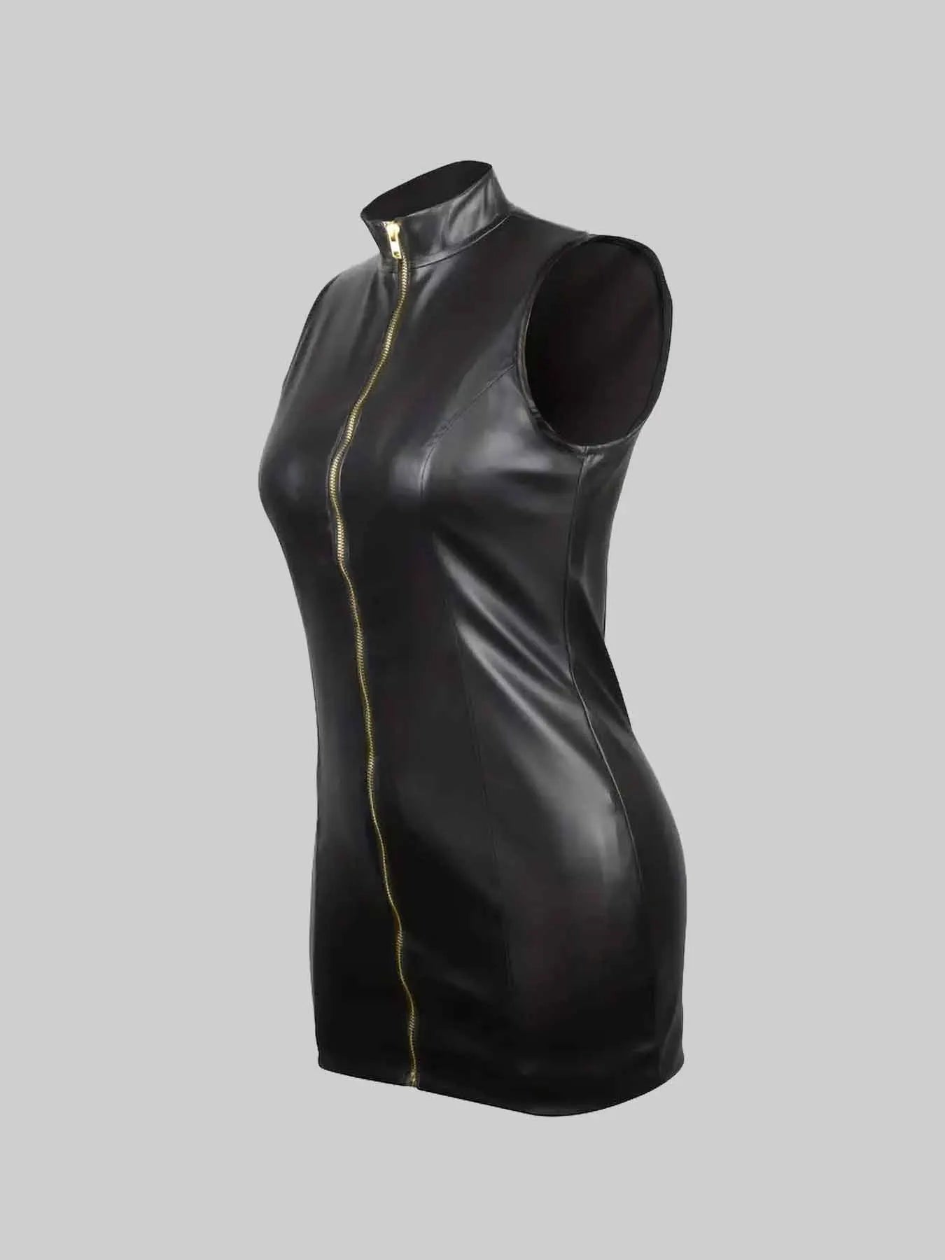 Zipper dress | Casual fashion short skirt | Slim-fitting stand-up collar sleeveless dress | PU leather skirt | A-line skirt