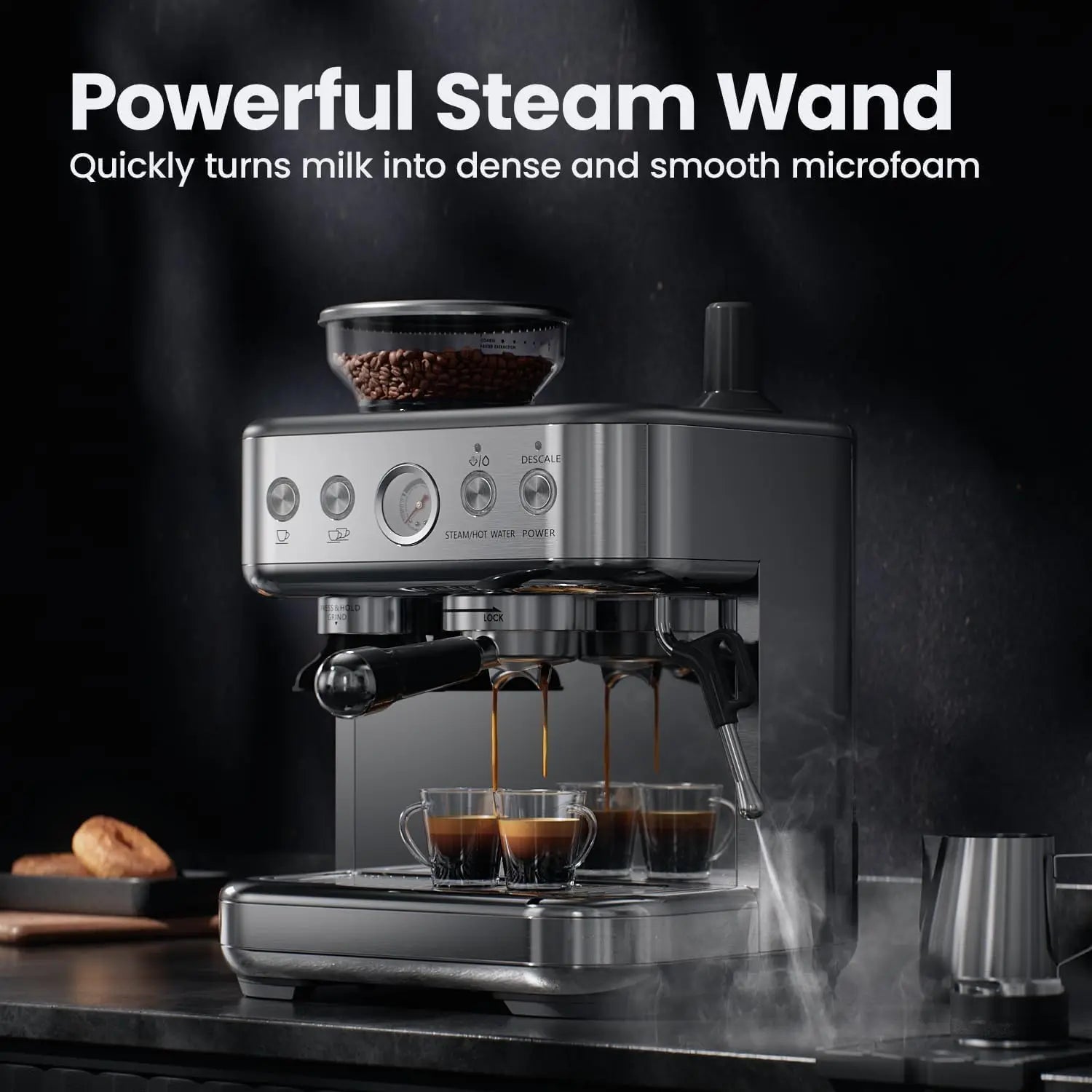 Espresso Machine - With Grinder - Brushed Stainless Steel | KIMLUD