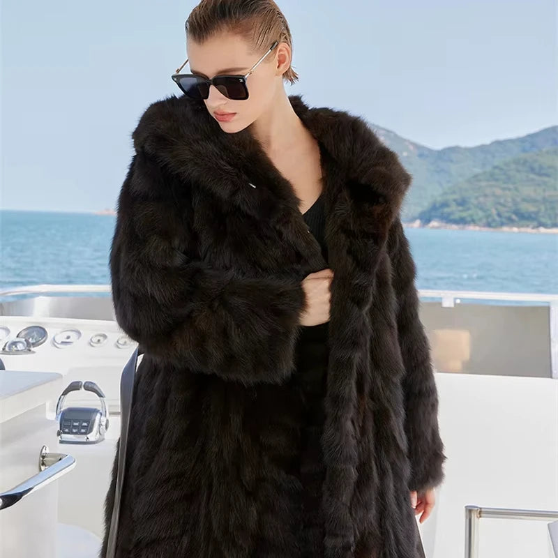 Noble Women's Black Sable Mink Fur Coat with Hood Woven Design