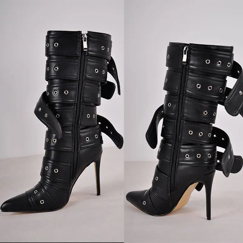 Onlymaker Women Pointed Toe Mid-Calf Boots Buckle Strap Thin High Heel Lady Zipper Female Stiletto Boots