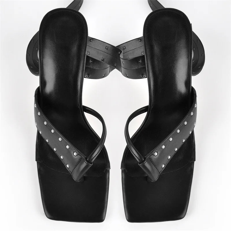 Artificial Leather Gladiator Sandals Lace-Up Wrap Straps Studded Rivet Thong — Black | KIMLUD