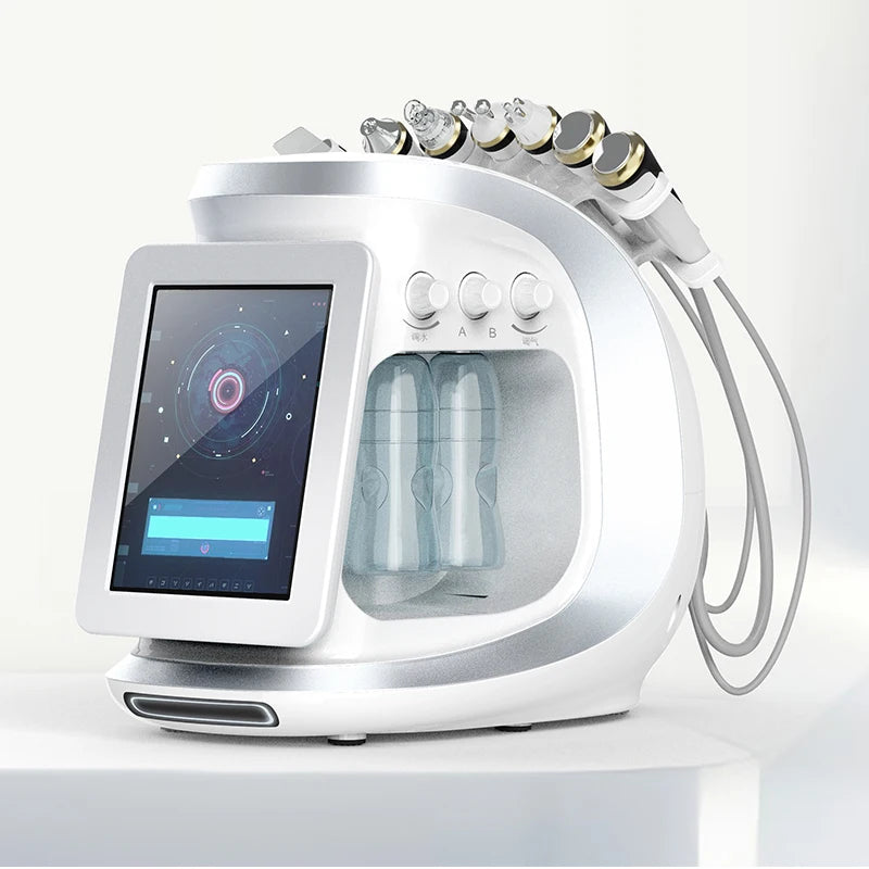 Stainless Steel 8 In 1 Hydra Oxygen Facial Cleansing Device With Dermabrasion RF Microneedling Vacuum — Ice Blue | KIMLUD