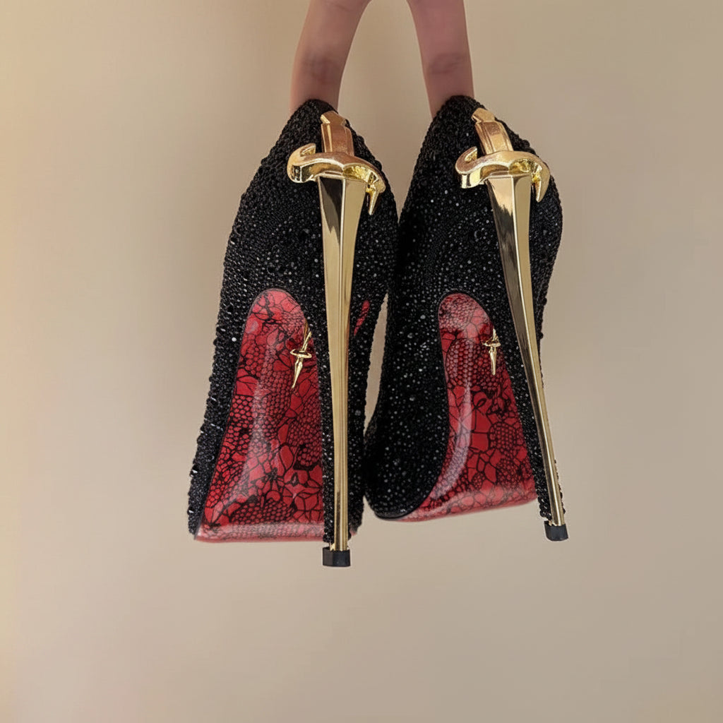 Rhinestone Pumps With Metal Decor — Black | KIMLUD