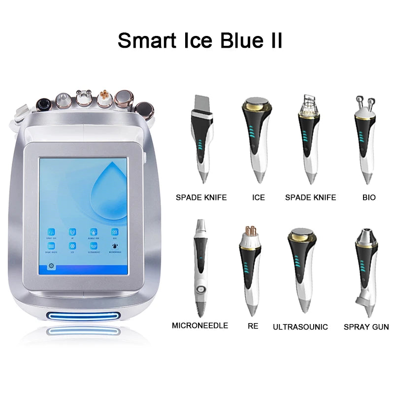Stainless Steel 8 In 1 Hydra Oxygen Facial Cleansing Device With Dermabrasion RF Microneedling Vacuum — Ice Blue | KIMLUD