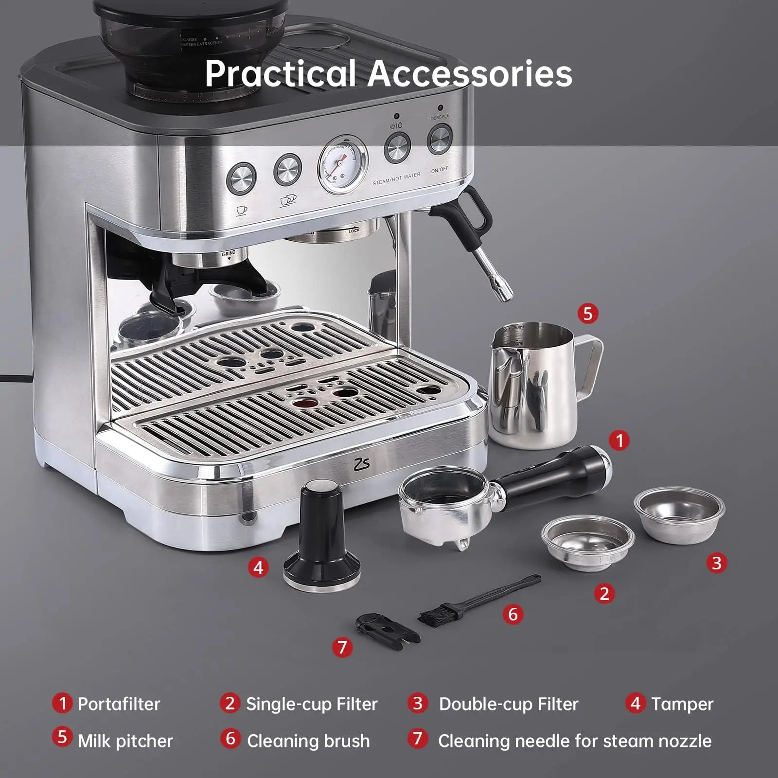 Espresso Machine - With Grinder - Brushed Stainless Steel | KIMLUD