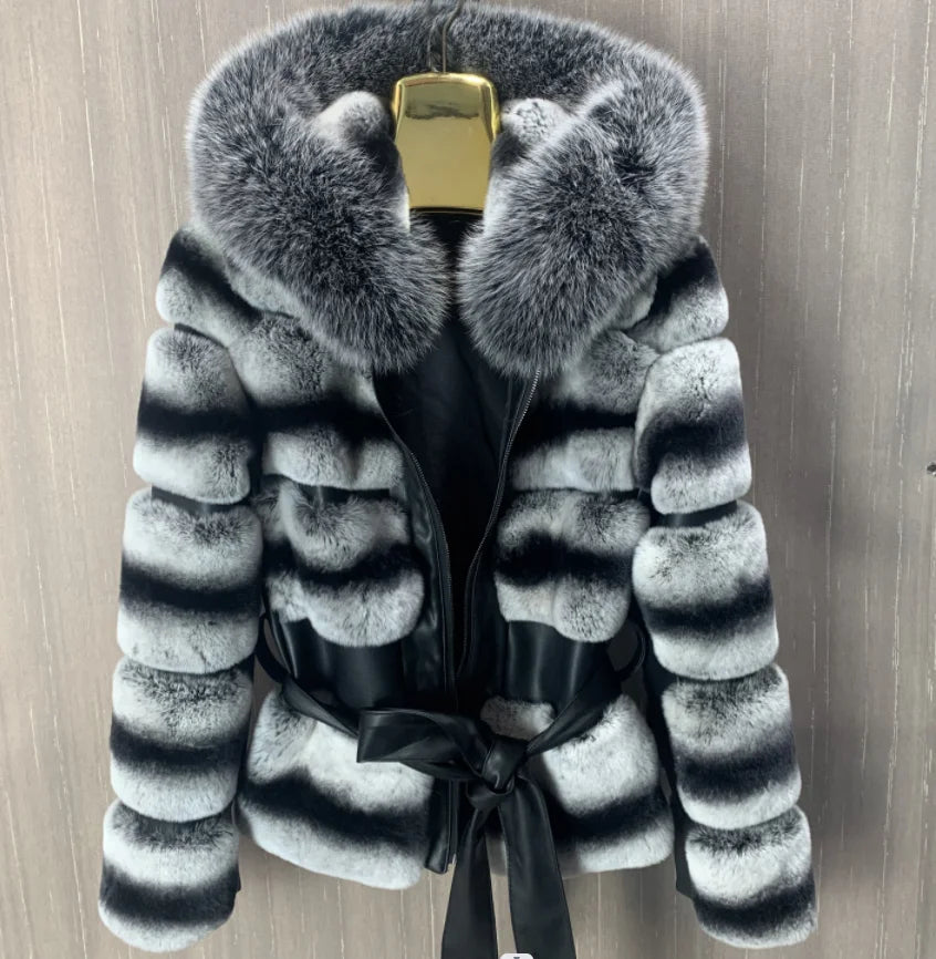 Real Rabbit Fur Coat for Women, 100% Real Rabbit Fur, Monochrome Color Hood, Thickened Warm with Zipper Design, New, Winter, 202