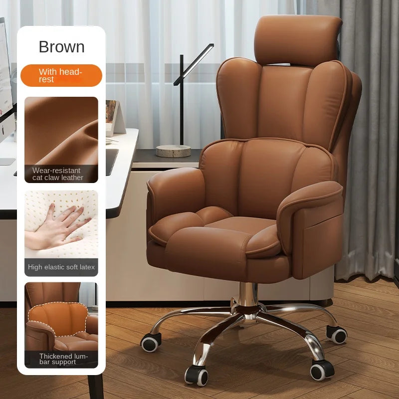 PU Leather Office Chair Ergonomic With Footrest — Caramel Brown | KIMLUD