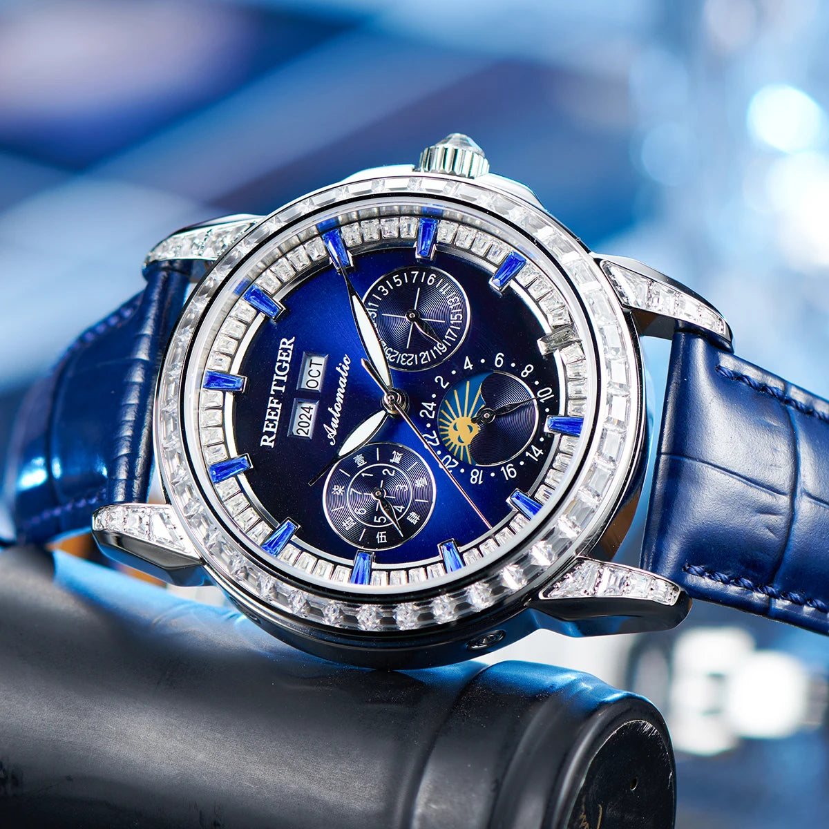 Moonphase Automatic Watch Diamonds Bezel Leather Strap — Blue | KIMLUD