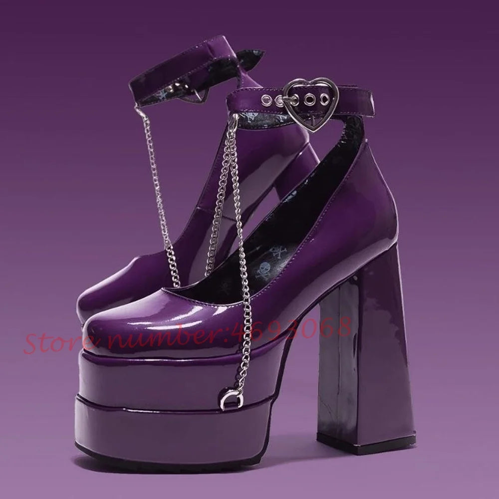 Heart Buckle Microfiber Sandals Platform Chunky Heels — Deep Purple | KIMLUD