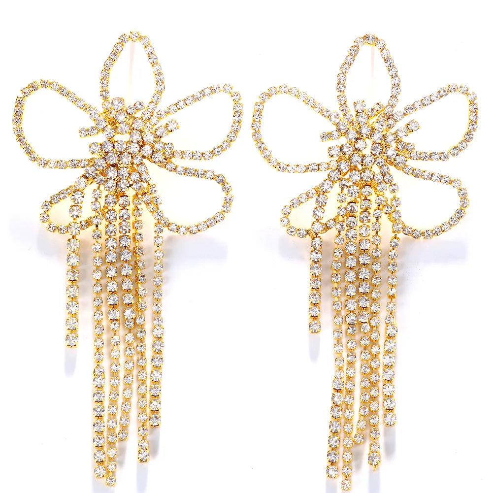 Statement Earrings Rhinestone Flower Design Long Tassel — Multicolor | KIMLUD
