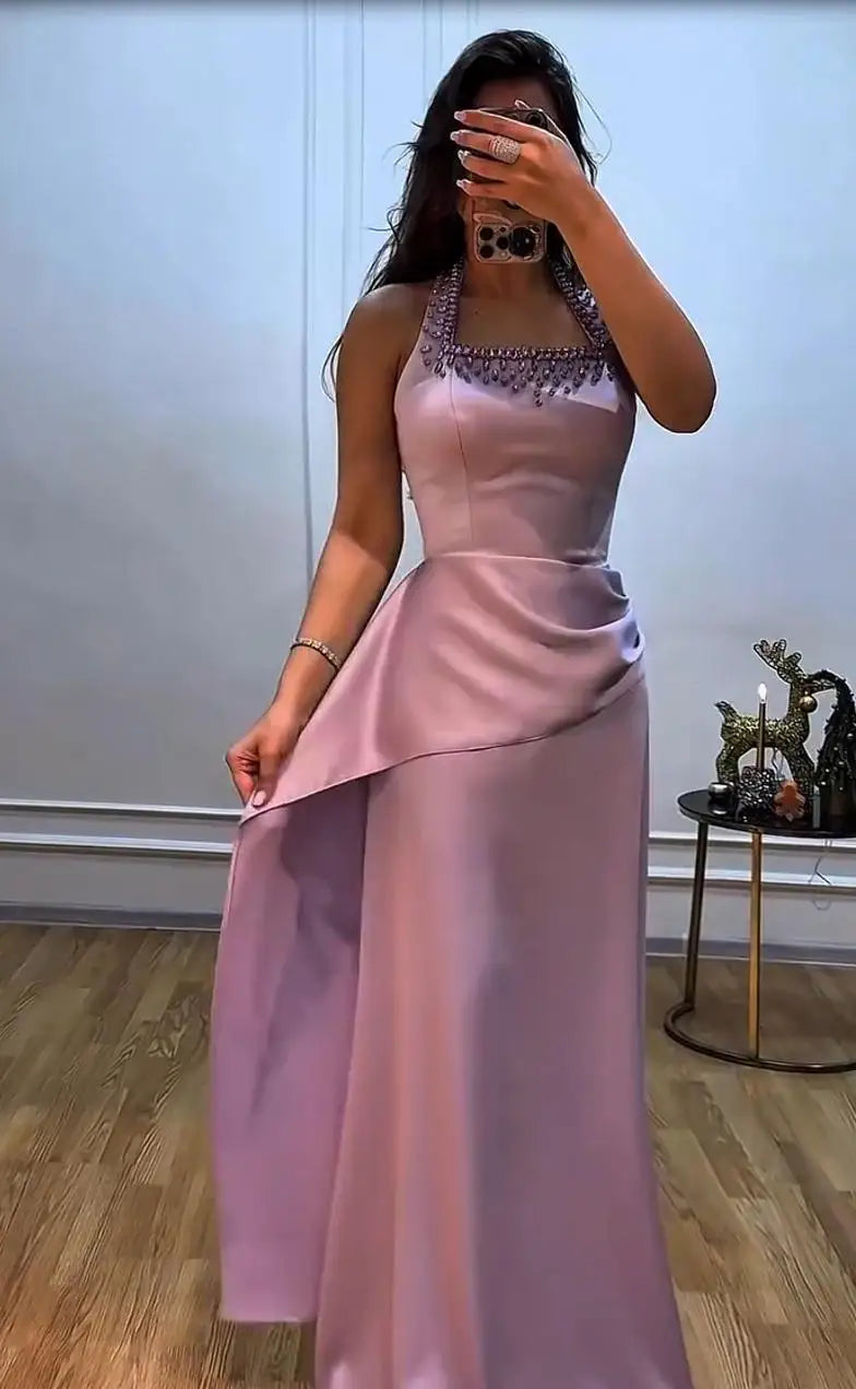 Halter Evening Dress – Rhinestone Beaded – Satin – Purple | KIMLUD