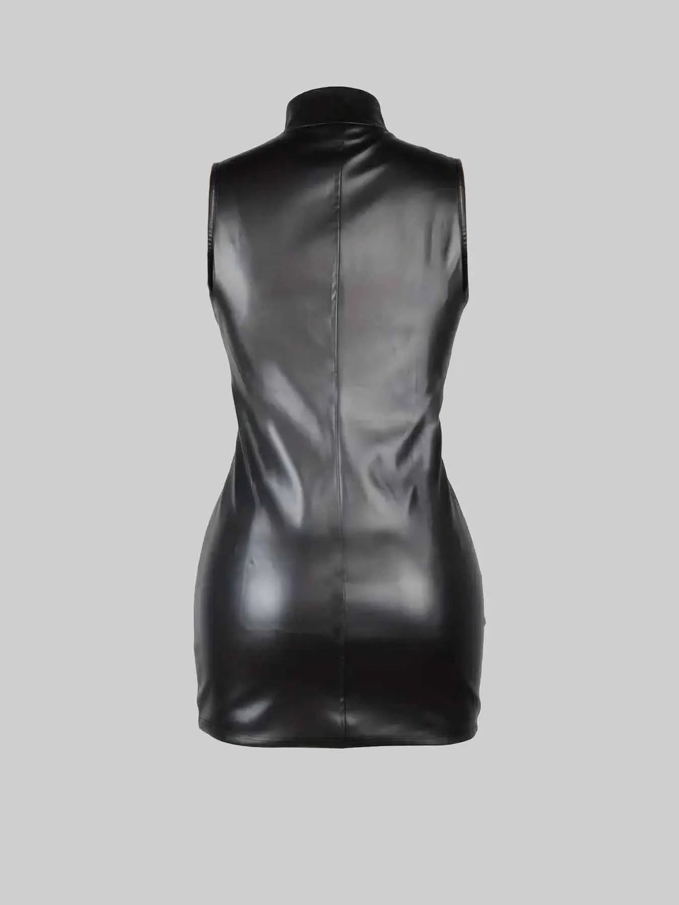 Zipper dress | Casual fashion short skirt | Slim-fitting stand-up collar sleeveless dress | PU leather skirt | A-line skirt