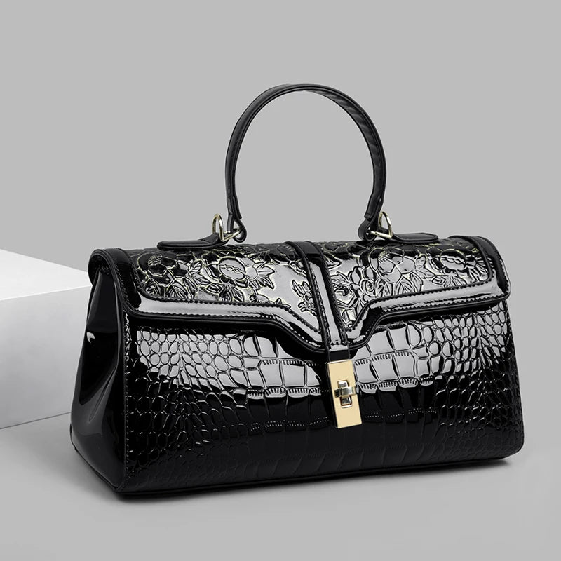 PU Crocodile Pattern Luxury Satchel Bag — Black | KIMLUD
