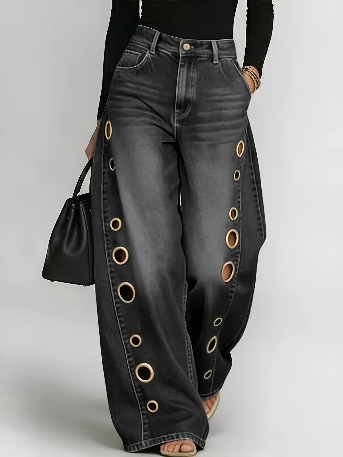 Wide-Leg Jeans – Gradient Eyelet Detailing – Denim | KIMLUD