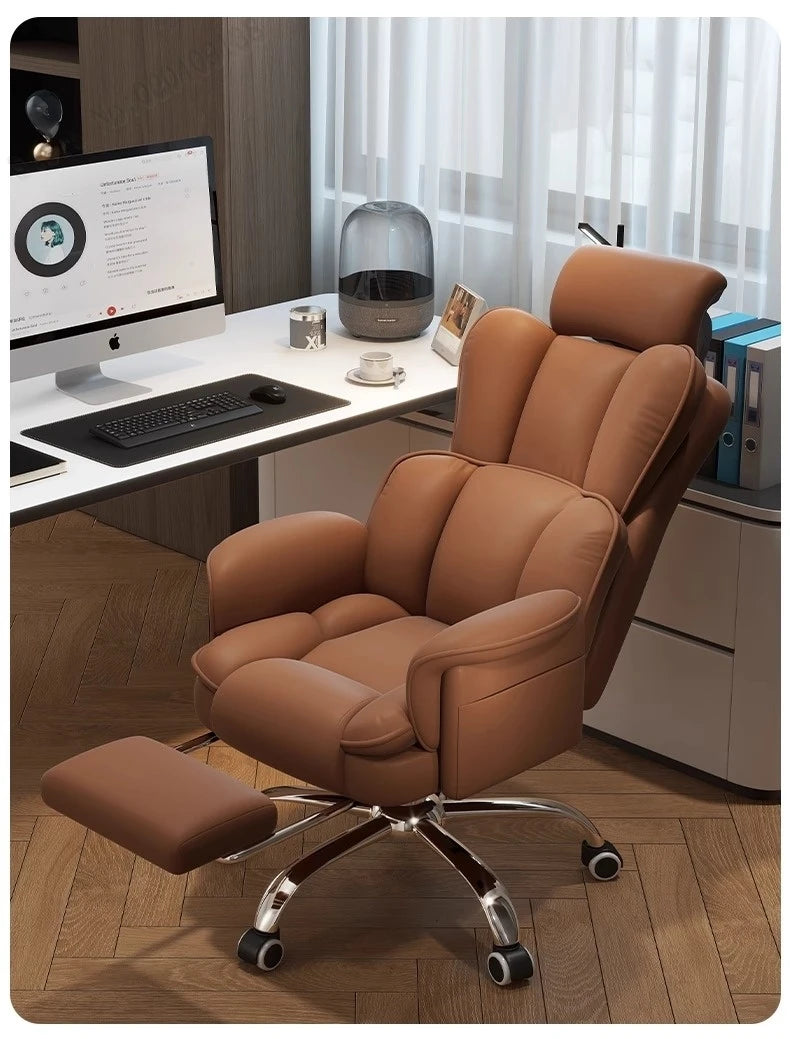 PU Leather Office Chair Ergonomic With Footrest — Caramel Brown | KIMLUD