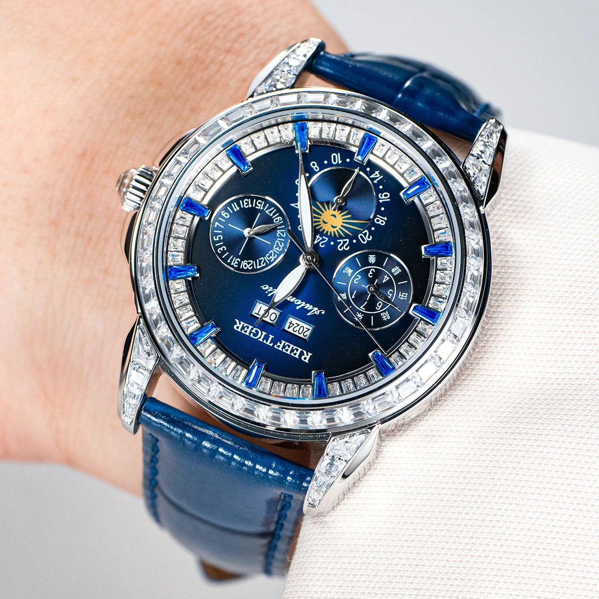 Moonphase Automatic Watch Diamonds Bezel Leather Strap — Blue | KIMLUD