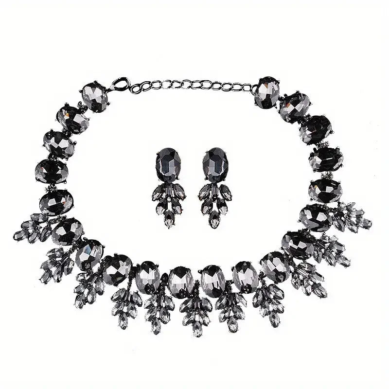 Best Lady Geometric Rhinestone Necklace & Short Glass Earrings Stitching Decorative Neck Chain Dress Jewelry Set