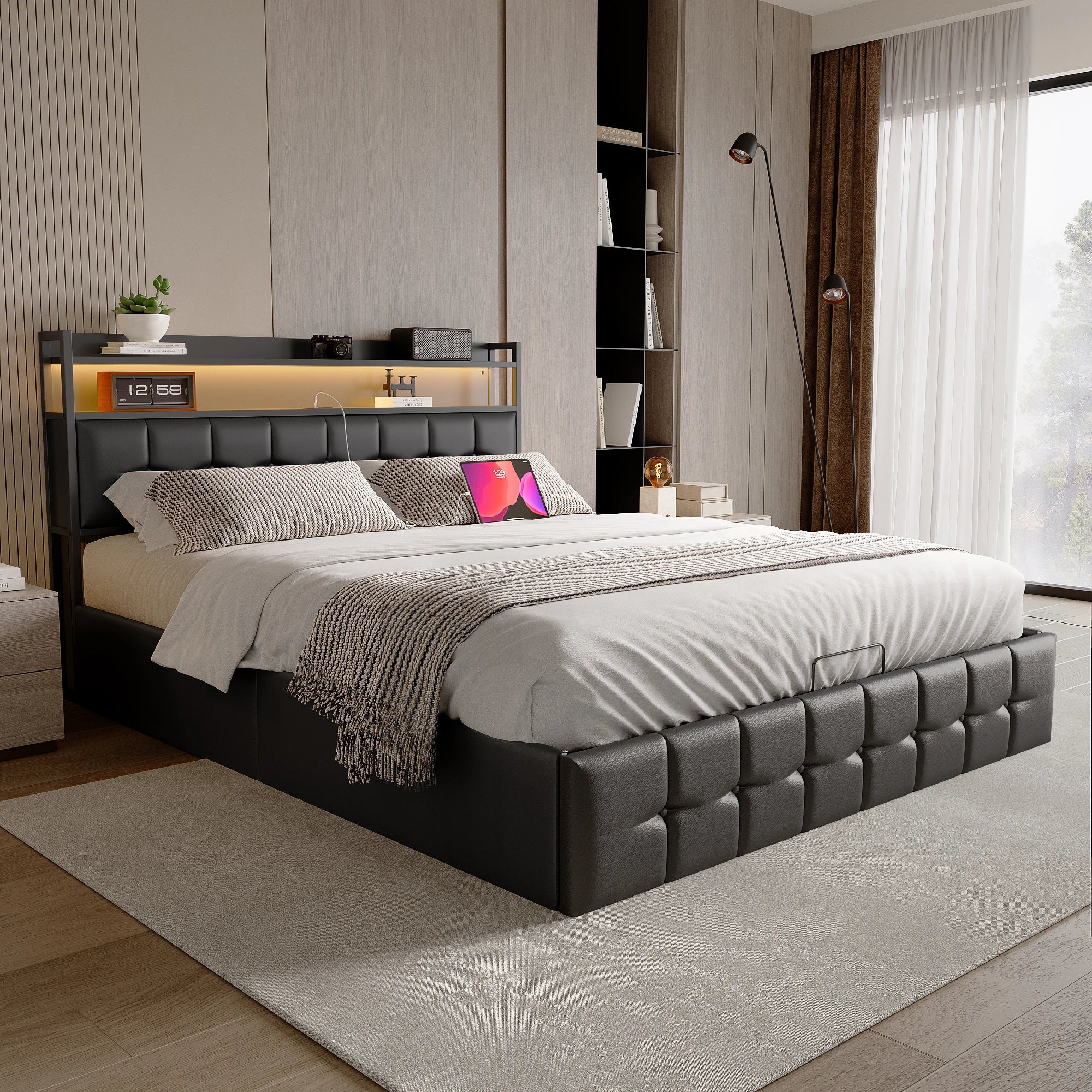 Rosahqnda cushion bed Padded Hydraulic bed frame Grey Pu Linen Headboard Linen Fabric Without Mattress