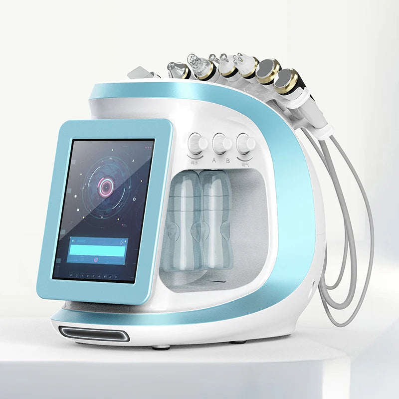 Stainless Steel 8 In 1 Hydra Oxygen Facial Cleansing Device With Dermabrasion RF Microneedling Vacuum — Ice Blue | KIMLUD