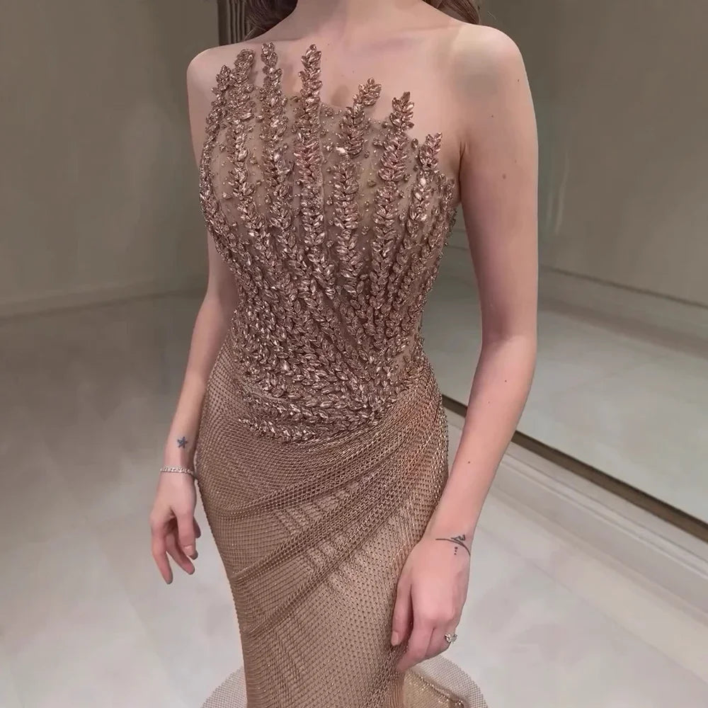 Crystal Beaded Mermaid Evening Dress With Slit — Caramel | KIMLUD