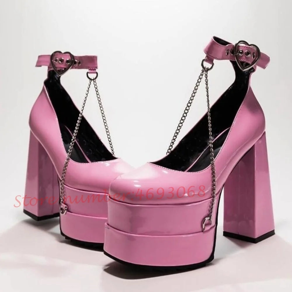 Heart Buckle Microfiber Sandals Platform Chunky Heels — Deep Purple | KIMLUD