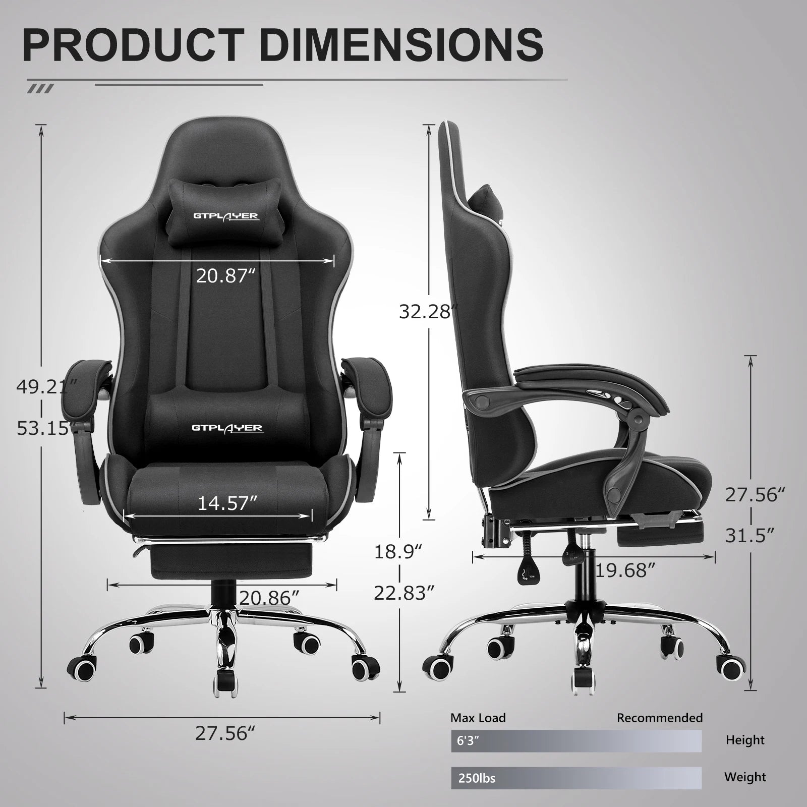 GTPLAYER Gaming Chair with Footrest, Lumbar Support, Adjustable Height, Swivel, Headrest for Office/Gaming