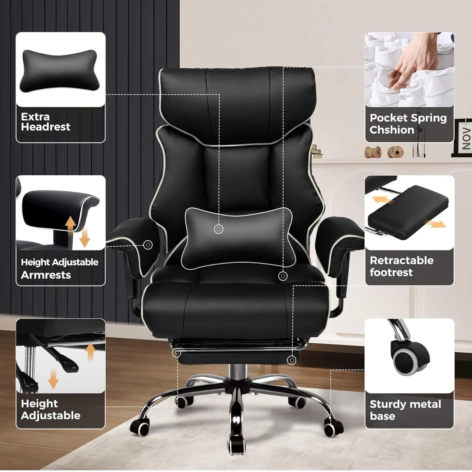 COMHOMA Big and Tall Office Chair 400lbs High Back Leather Executive Chair with Ergonomic Lumbar Support & Pocket Spring Cushion