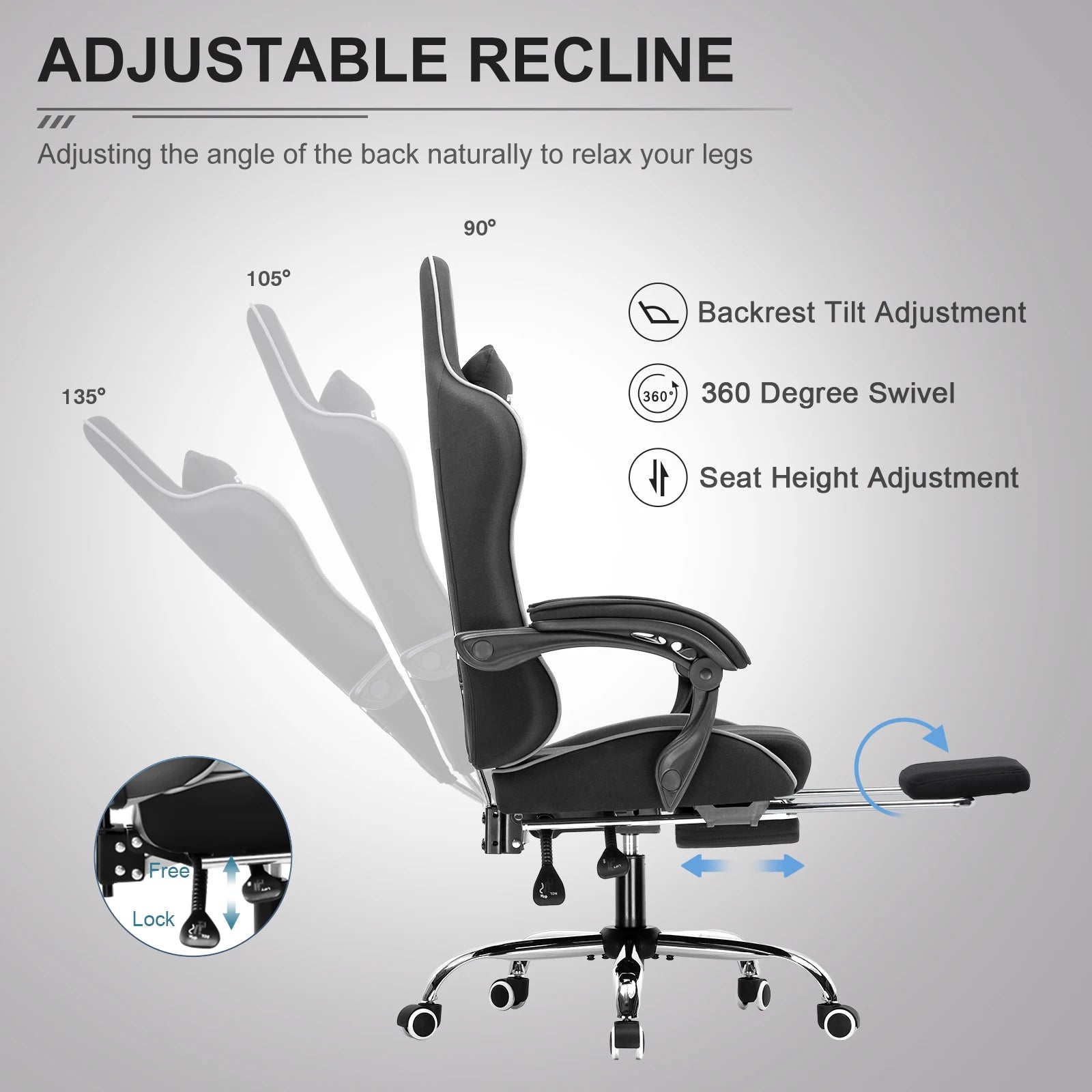 GTPLAYER Gaming Chair with Footrest, Lumbar Support, Adjustable Height, Swivel, Headrest for Office/Gaming