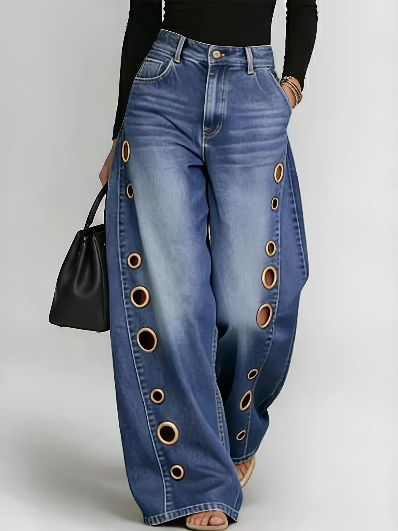 Wide-Leg Jeans – Gradient Eyelet Detailing – Denim | KIMLUD