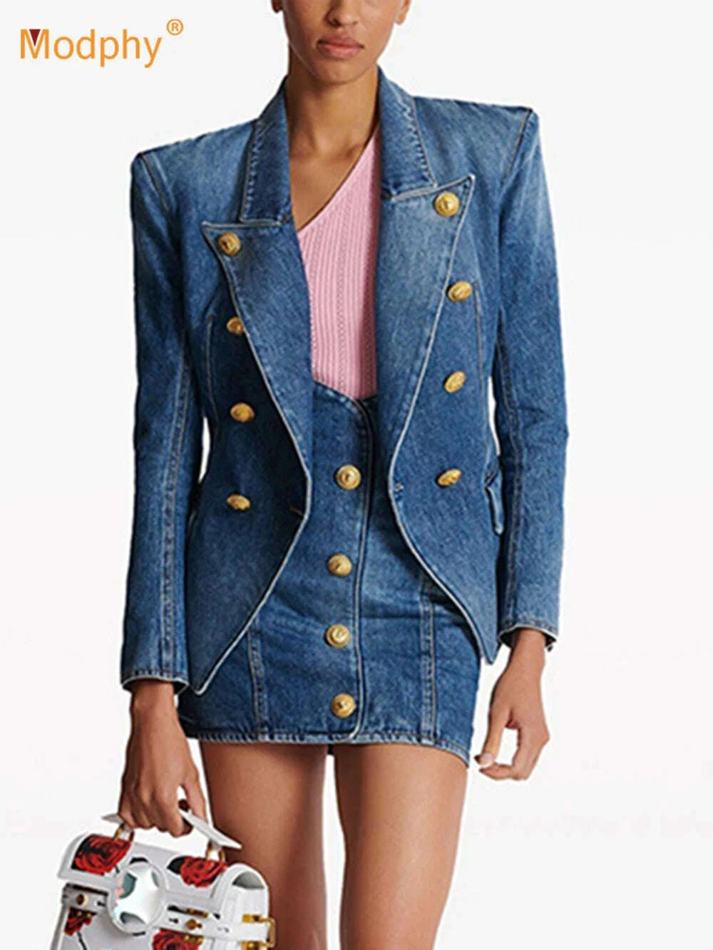KIMLUD, Modphy High Quality Women'S Double Breasted Slim Fit Denim Blazer Long Sleeve Jean Jacket High Waisted Pencil Mini Skirt Set, KIMLUD Womens Clothes