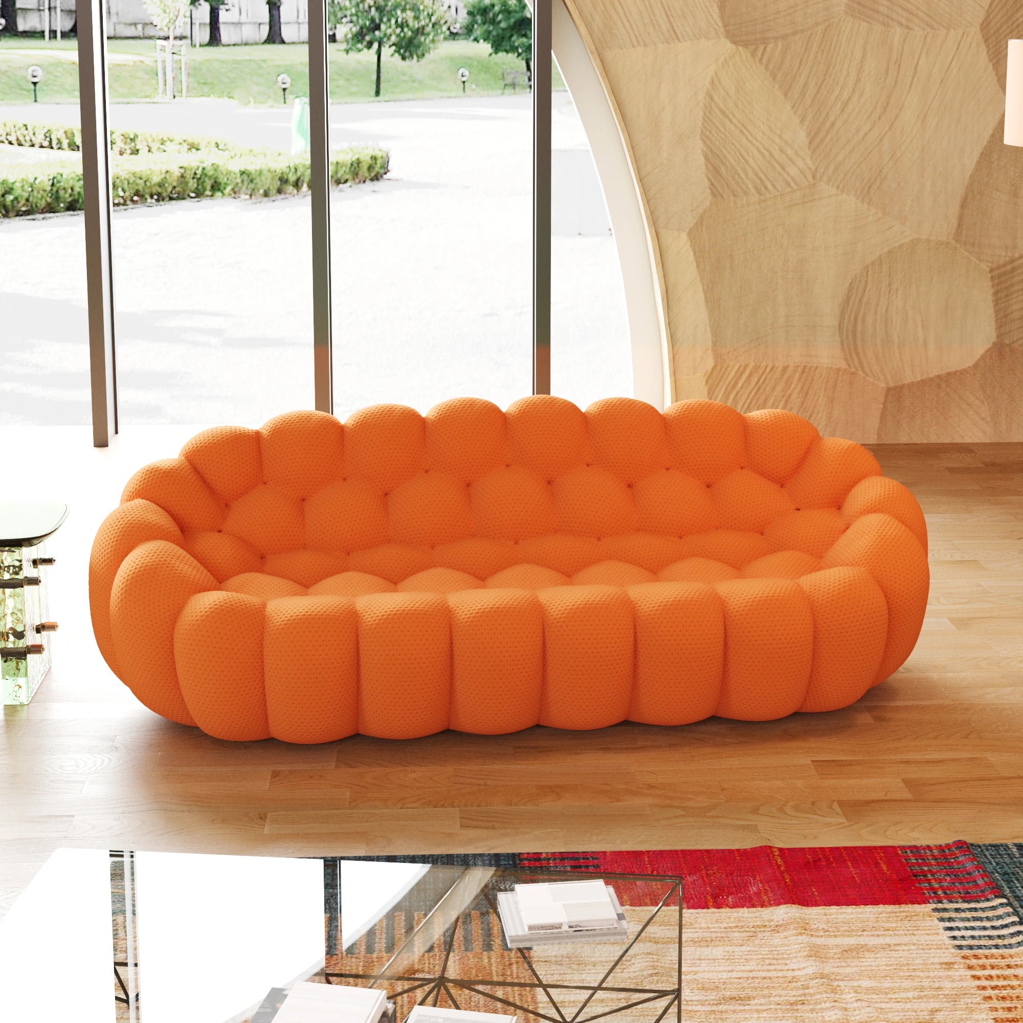 98.43'' Comfortable Curved Couch 3D Honeycomb Shape Mesh Fabric Bean Bag Sofa for Living Room Apartment Small Space - 3 Seater