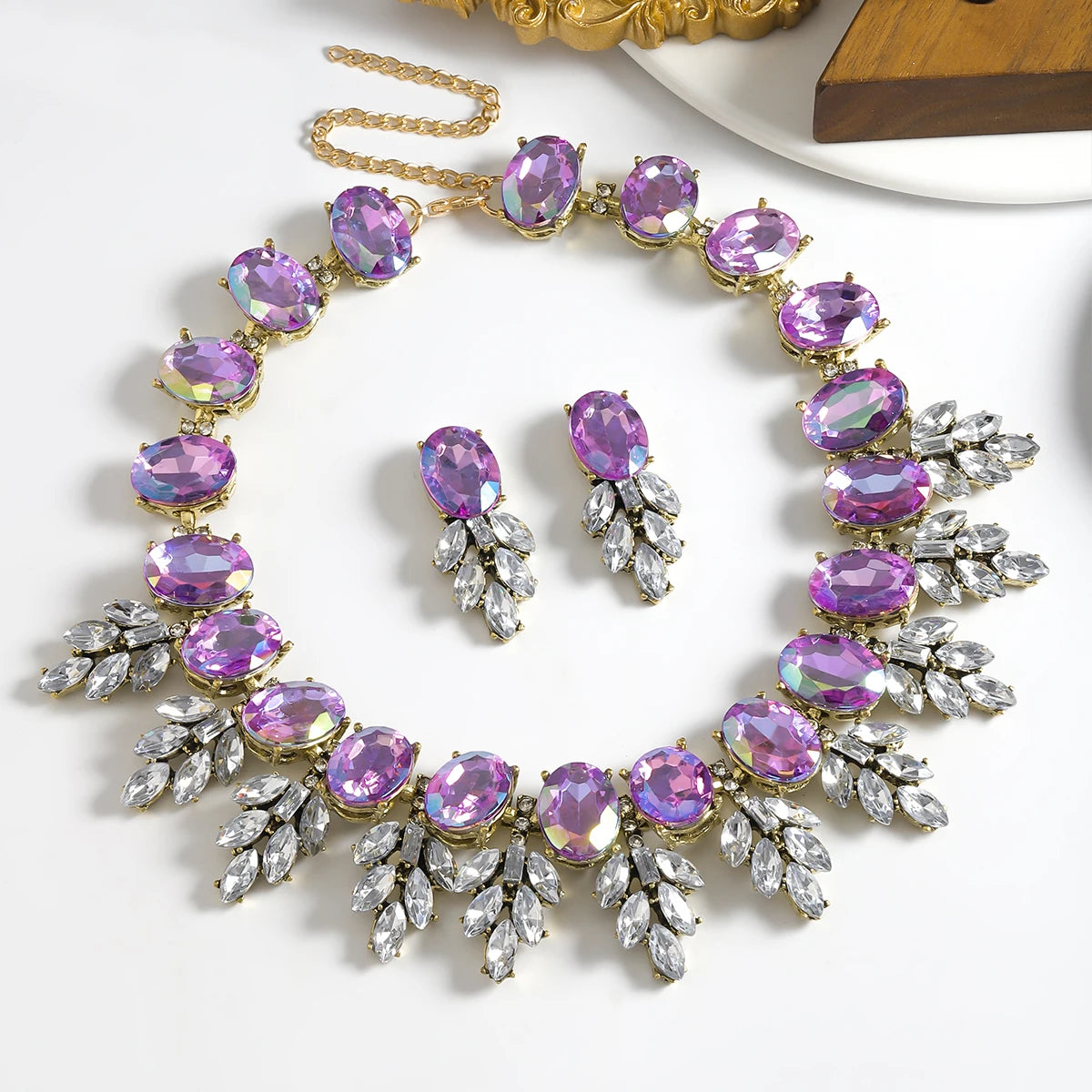 Best Lady Geometric Rhinestone Necklace & Short Glass Earrings Stitching Decorative Neck Chain Dress Jewelry Set