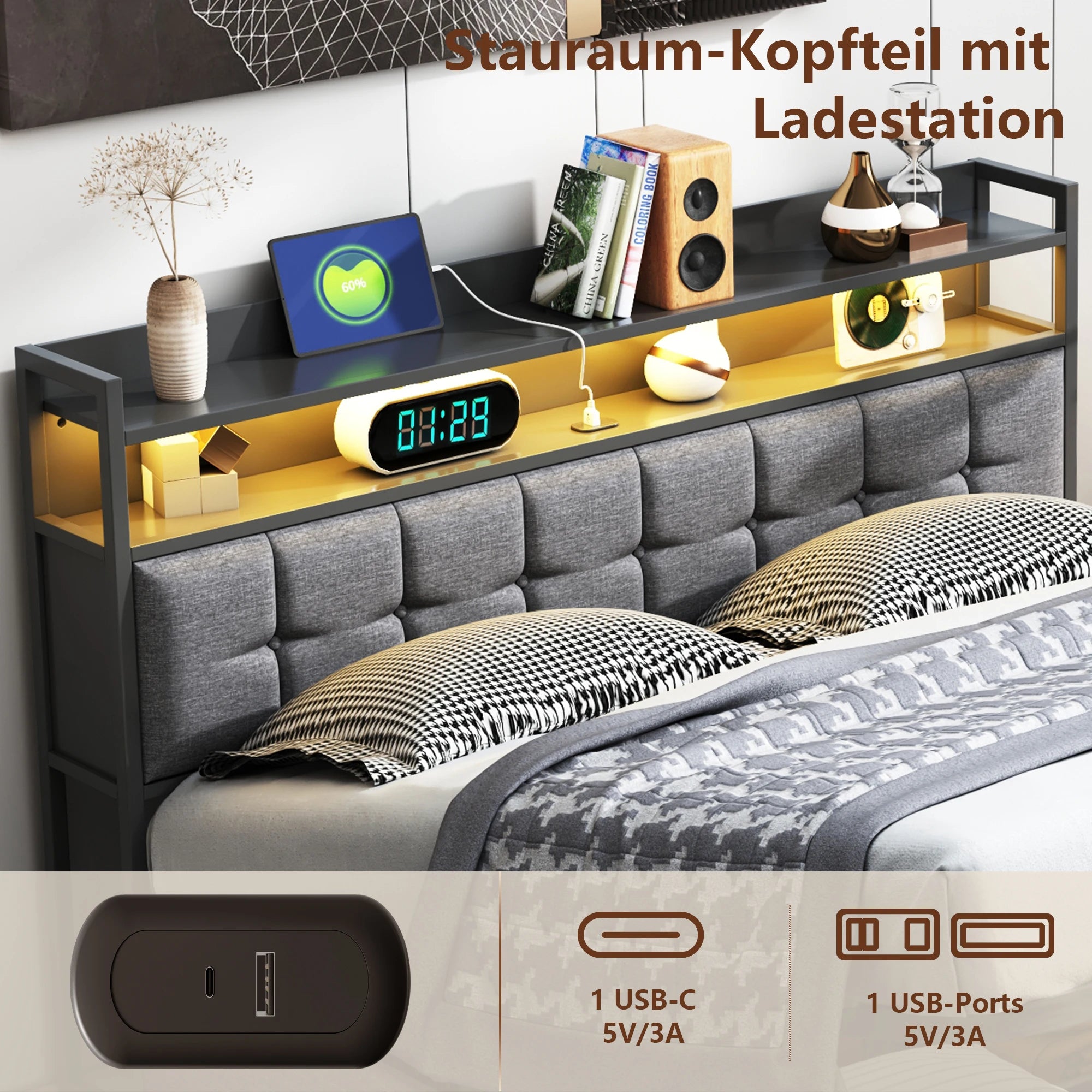 Rosahqnda cushion bed Padded Hydraulic bed frame Grey Pu Linen Headboard Linen Fabric Without Mattress