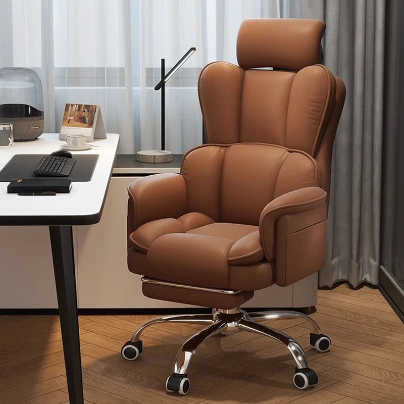 PU Leather Office Chair Ergonomic With Footrest — Caramel Brown | KIMLUD