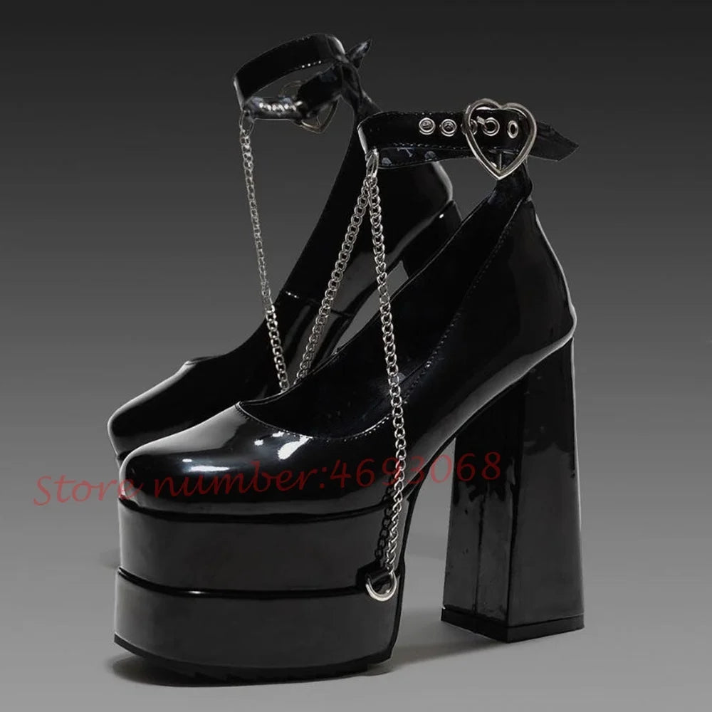 Heart Buckle Microfiber Sandals Platform Chunky Heels — Deep Purple | KIMLUD