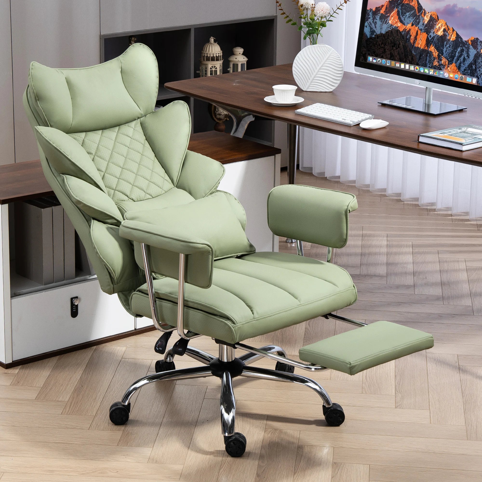 Real Leather Executive Chair Height Adjustable Swivel With Footrest — Green | KIMLUD