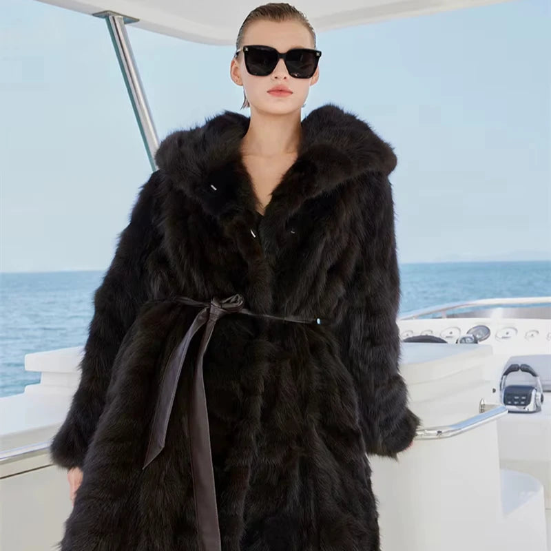 Noble Women's Black Sable Mink Fur Coat with Hood Woven Design