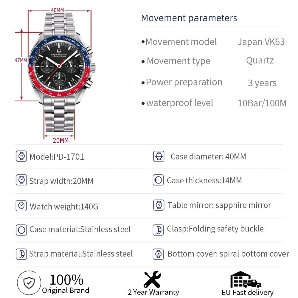 PAGANI DESIGN New Men's Watches Luxury Quartz Sapphire Bezel moon Watch For Men Sport Chronograph Waterproof Wristwatch 2024